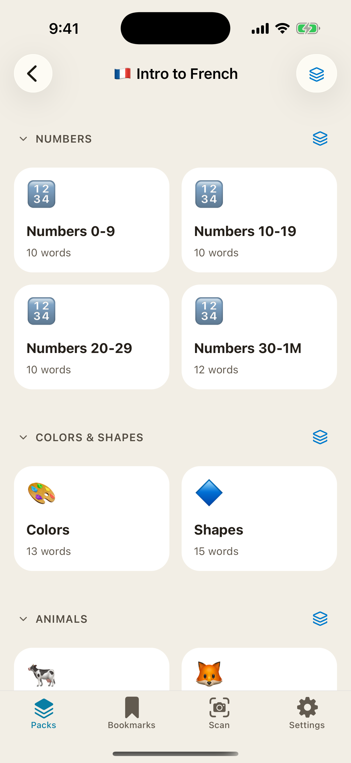 The Intro to French pack, organized into sections such as Numbers and Colors & Shapes, each holding groups of words.